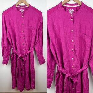 Oui 100% Linen Lovers Long Sleeve Collarless Belted Shirt Dress Magenta Pink 14